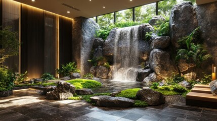Modern spa-like lobby with a zen garden waterfall feature.  Natural stone, lush greenery, and calming water