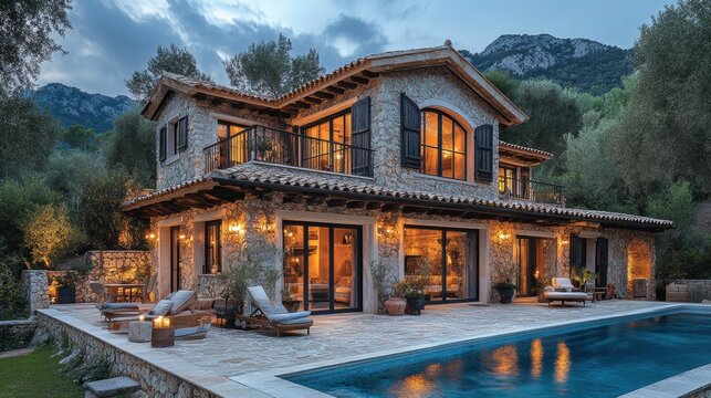 exterior design of an old stone house in mallorca, traditional mediterranean style with modern furniture and lighting, garden terrace