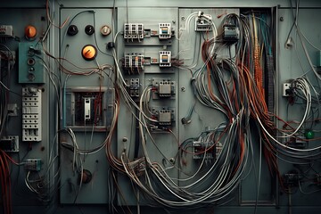 An intricate network of wires and electrical components on a vintage industrial panel.