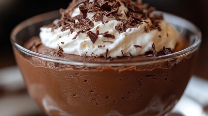 Creamy chocolate mousse topped with whipped cream and chocolate shavings