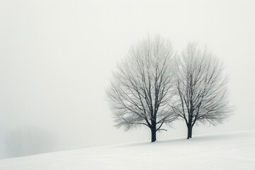 two trees in the snow on a foggy day