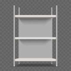 Empty trade stand in shop, rack or display. Storefronts shelves isolated on transparent background. Vector mockup