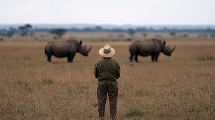Ranger Observing Rhinos in a Vast African Landscape