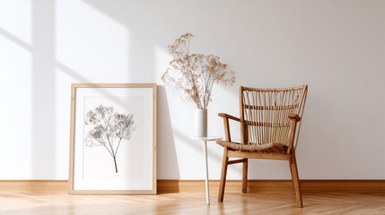 Natural decor arrangement with a framed botanical art piece and a vintage chair in a sunlit room