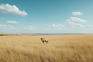 Obraz premium A lone wildebeest stands amidst a vast, golden savanna.