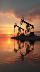 Oil Pumpjacks at Sunset by the Water