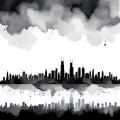 Fototapeta premium Black and white silhouette of the chicago skyline with a watercolor effect. Horizon. Illustration