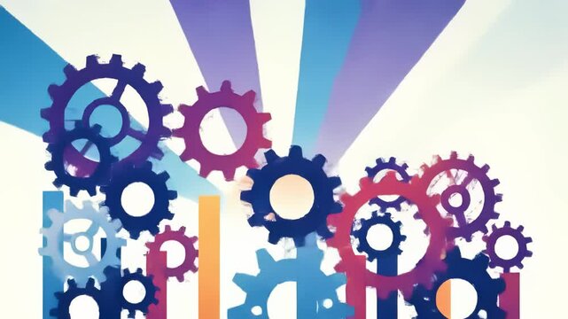 Animated video footage of colorful gears against a sunrise backdrop, representing unity and celebration for Labor Day.