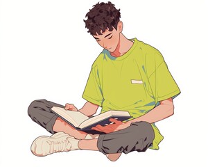 Wallpaper. Anime young man reading a book wallpaper. Anime, vector illustration of a young man reading a book, manga character, coloring book, kawaii coloring book, scared, shocked look