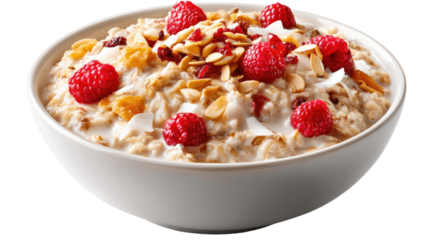 Breakfast Bowl Delight: A visually appealing and appetizing bowl of oatmeal, generously topped with fresh raspberries, crunchy almonds, and a hint of coconut, ready to start the day.