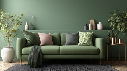 Cozy living room setup with a green sofa and decorative plants