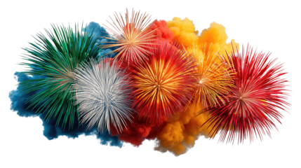 Colorful Fireworks Burst: Vibrant bursts of multi-colored fireworks illuminate the night sky, each explosion a dazzling display of light, color, and celebration, representing joy.