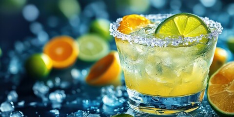 Refreshing cocktail with lime and orange garnishes is served over ice on a colorful background