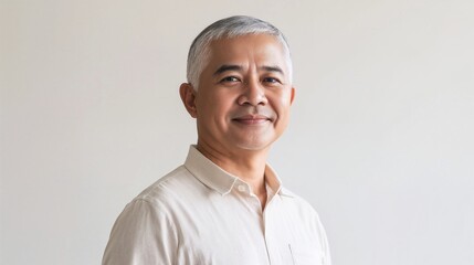 Mature Filipino man with subtle smile wearing light shirt on neutral background