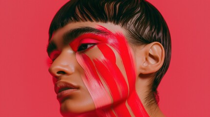 Model with artistic red pink paint streaks flowing down face portrait image closeup. Makeup crimson brushstrokes close-up photography human scene. Bold fashion concept photo-realistic