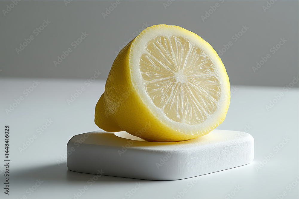 Poster lemon half radiates freshness while resting elegantly on a minimalist table surface, showcasing its 