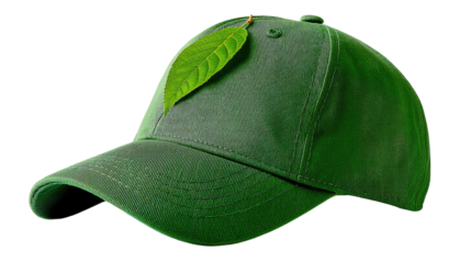 Green Baseball Cap with Leaf: A crisp green baseball cap, its simple design elevated by a delicate green leaf perched on its crown. This captivating image evokes a sense of nature and simplicity.