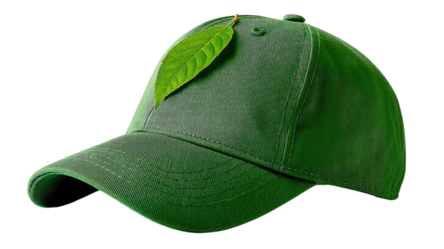 Green Baseball Cap with Leaf: A crisp green baseball cap, its simple design elevated by a delicate green leaf perched on its crown. This captivating image evokes a sense of nature and simplicity.