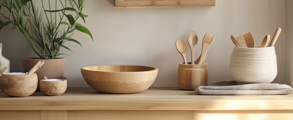 Wooden utensils and bowls on a light-colored countertop