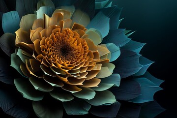 Close-up of a teal and gold flower in bloom.