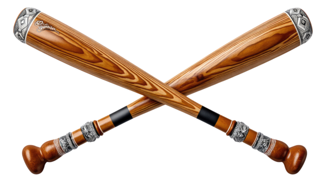 Crossed Baseball Bats: Two wooden baseball bats, positioned in a dynamic cross, symbolizing the essence of competition and sportsmanship in a clear, sharp studio shot, and ready for action.