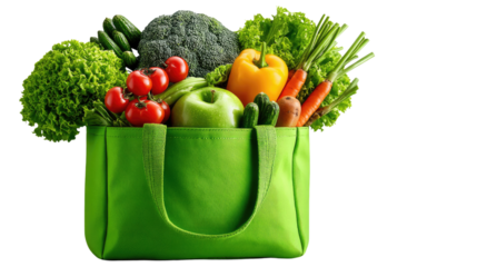 Green Grocery Bag: A fresh green reusable bag overflowing with vibrant produce, symbolizing healthy choices, sustainability, and the joys of a balanced diet.