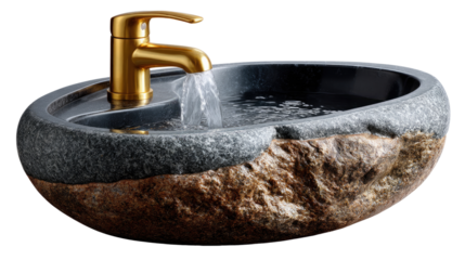 Stone Sink with Faucet: A rustic and elegant stone sink with a gold faucet, depicting a flowing stream of water, offering a unique and natural design element for your bathroom. 