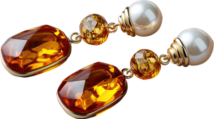 Amber and Pearl Dangle Earrings: A pair of exquisite earrings dangle gracefully, featuring a radiant amber stone with a mesmerizing crystal-like sheen. Each stone is adorned with a pearl.