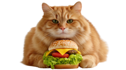 Hungry Feline's Feast: A fluffy, orange cat gazes at the viewer, its eyes focused intently on the tempting hamburger it has.