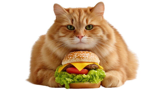 Hungry Feline's Feast: A fluffy, orange cat gazes at the viewer, its eyes focused intently on the tempting hamburger it has.