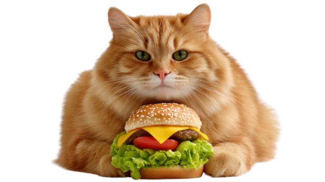 Hungry Feline's Feast: A fluffy, orange cat gazes at the viewer, its eyes focused intently on the tempting hamburger it has.