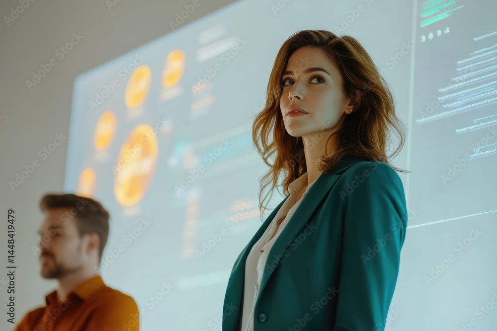 Poster businesswoman in a presentation with pie charts and data analysis graphics projecting in the backgro