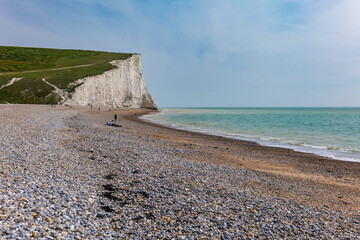 Aerial drone view over the famous, white cliffs of The Seven Sisters Dover, south England.