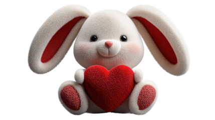 Sweet Bunny Love: A charming fluffy white bunny with rosy red ears cradles a heart in its tiny paws.  This adorable image radiates innocence,  love and affection perfect for Valentine's Day, wedding.