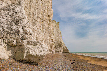 Aerial drone view over the famous, white cliffs of The Seven Sisters Dover, south England.