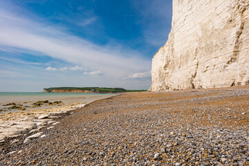 Aerial drone view over the famous, white cliffs of The Seven Sisters Dover, south England.