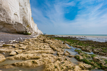 Aerial drone view over the famous, white cliffs of The Seven Sisters Dover, south England.