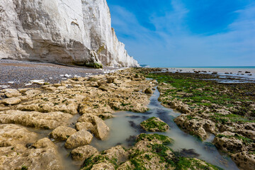 Aerial drone view over the famous, white cliffs of The Seven Sisters Dover, south England.