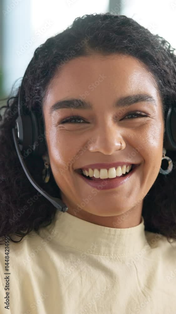 Poster woman, face and microphone for consulting in call center with outbound query, product advice and lea