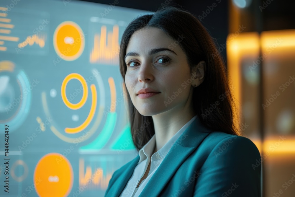 Poster confident woman in a blazer stands before a high-tech screen displaying financial data and analytics