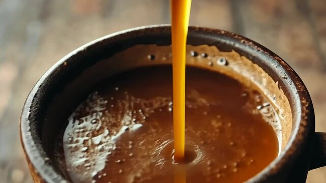 Rich coffee pouring into rustic mug: a cozy morning ritual captured in detail