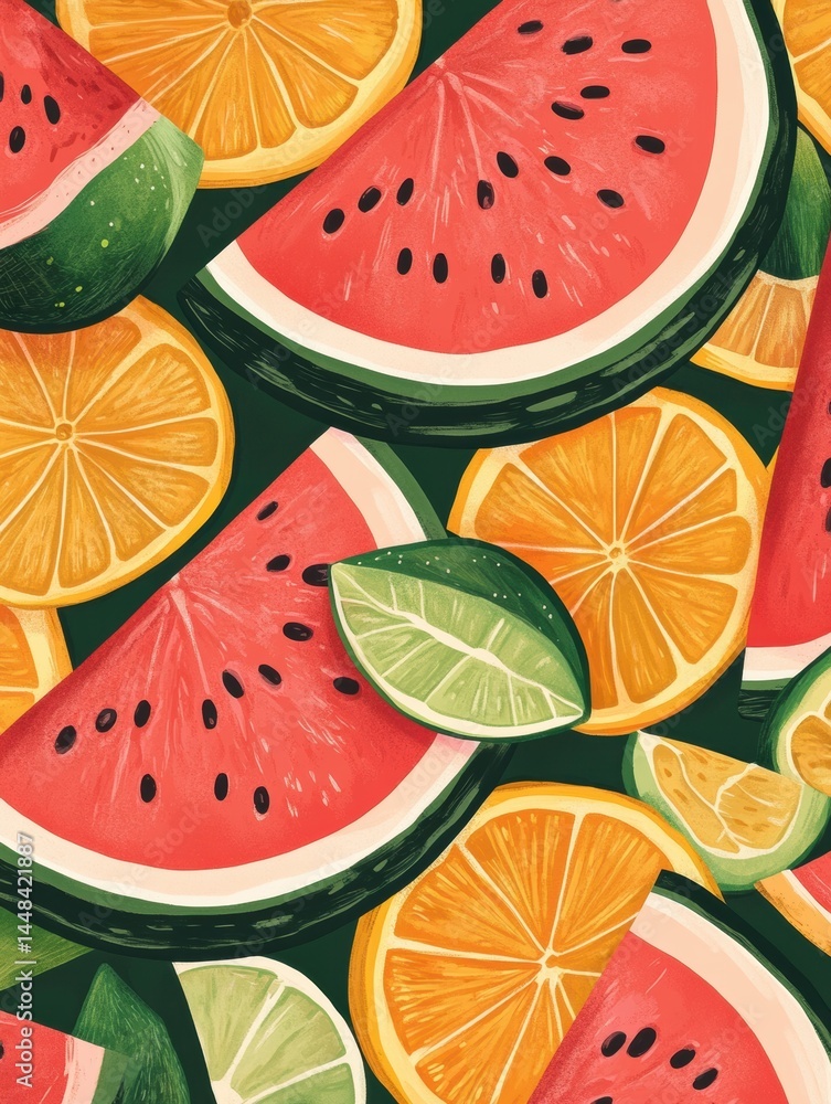 Poster bright arrangement featuring watermelon slices with citrus fruits in a vibrant pattern designed usin