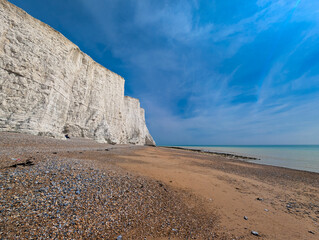 Aerial drone view over the famous, white cliffs of The Seven Sisters Dover, south England.