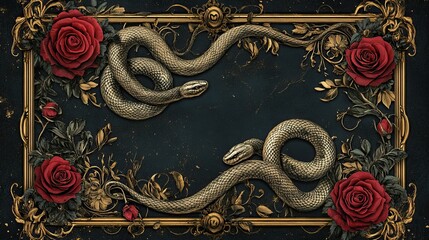 Elegantly intricate whimsigothic design with serpents and red roses in ornate gold frame and dark background highlighting a mystical gothic aesthetic.