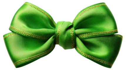 Green Satin Bow with Gold Edge: A vibrant green satin ribbon is elegantly tied into a classic bow, featuring a subtle gold edge for a touch of luxurious contrast.