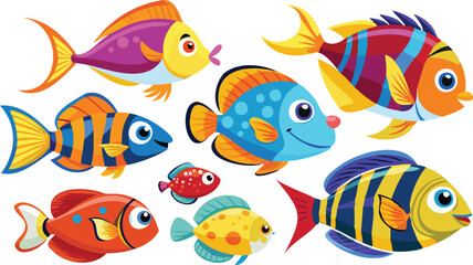 Naklejka premium Cute Colorful Cartoon Fish Set Underwater Sea Animals Vector Illustration for Kids and Educational Projects