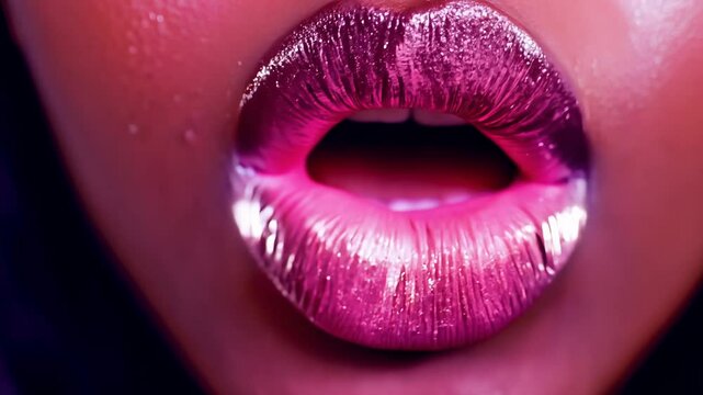 Close-up handheld video of an older woman with dark skin and a young woman with fair skin kissing, frosted pink lips shimmering under bold high contrast light. Concept of youthful diverse love