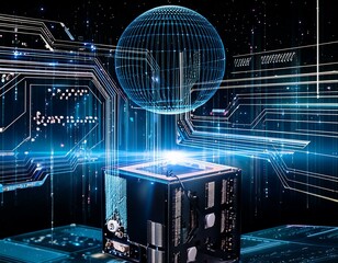 Super powerful quantum computer performing complex calculations at incredible speed. Future generation AI technology concept