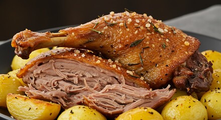 Duck legs curing in salt and herbs, then cooked in duck fat until golden and crispy. Close-up of crispy skin, shredded meat, and plating with potatoes