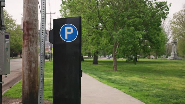 Pay here parking meter sign and station for car drivers to add payment for time spent parked in city public park area along sidewalk and road near downtown Columbus, Ohio in United States